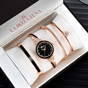 Relógio Quartzo Luxo com 3 Braceletes - Elegância e Versatilidade