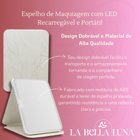 Espelho de Maquiagem com LED Recarregável e Portátil